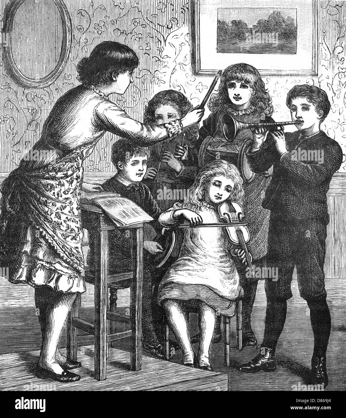 Music at home - ensemble of children conducted, c.1870 Stock Photo