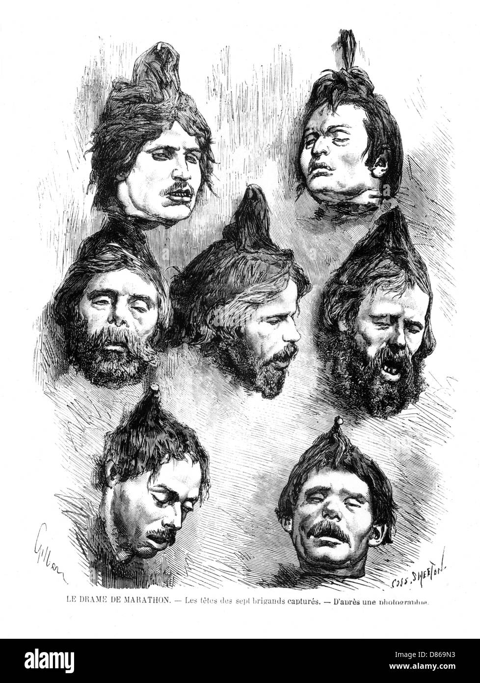 Heads of captured Greek bandits Stock Photo
