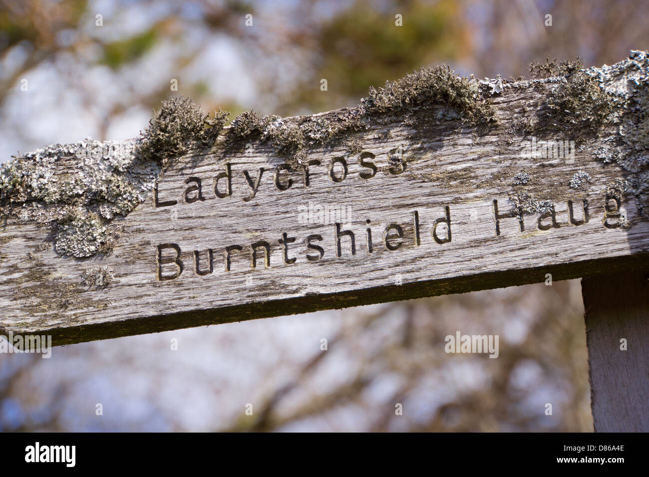 A signpost for Ladycross and Burnshield Haugh near Blanchland in Northumberland. Stock Photo