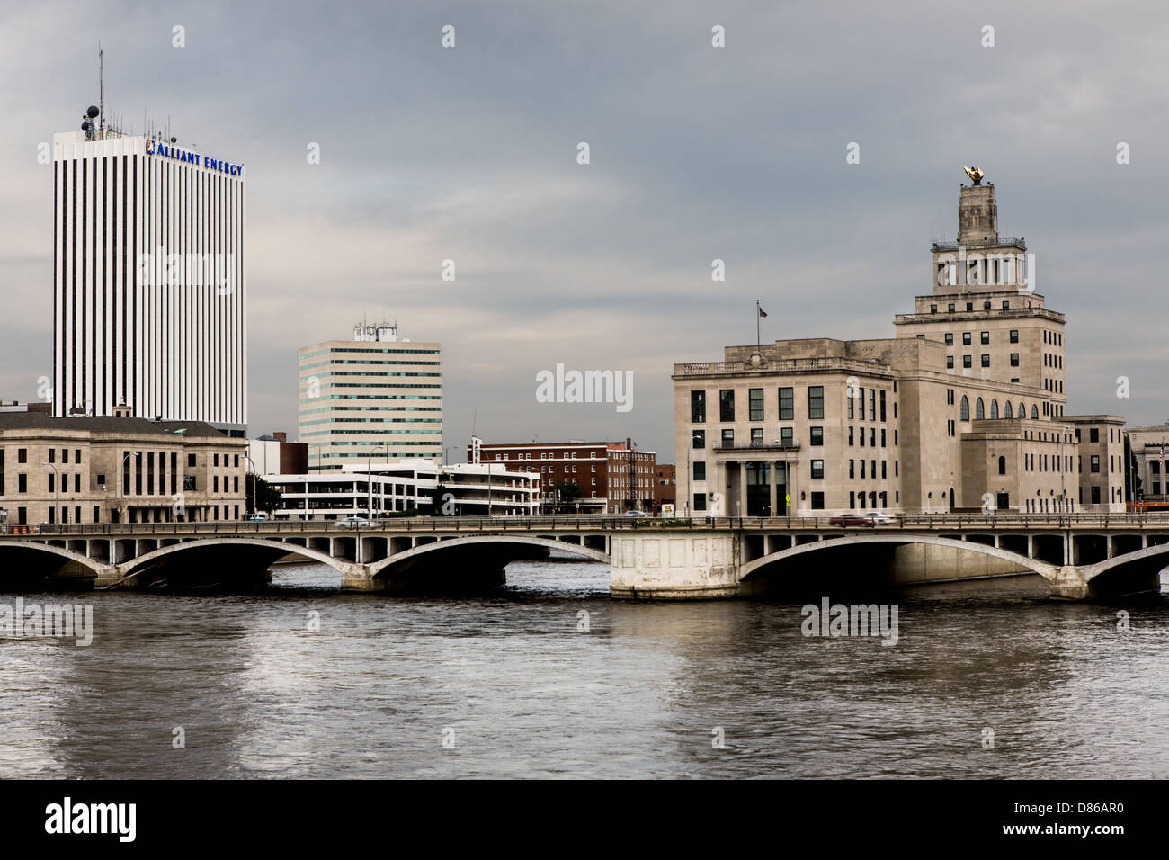 Downtown skyline of Cedar Rapids, Iowa on the Cedar River Stock Photo