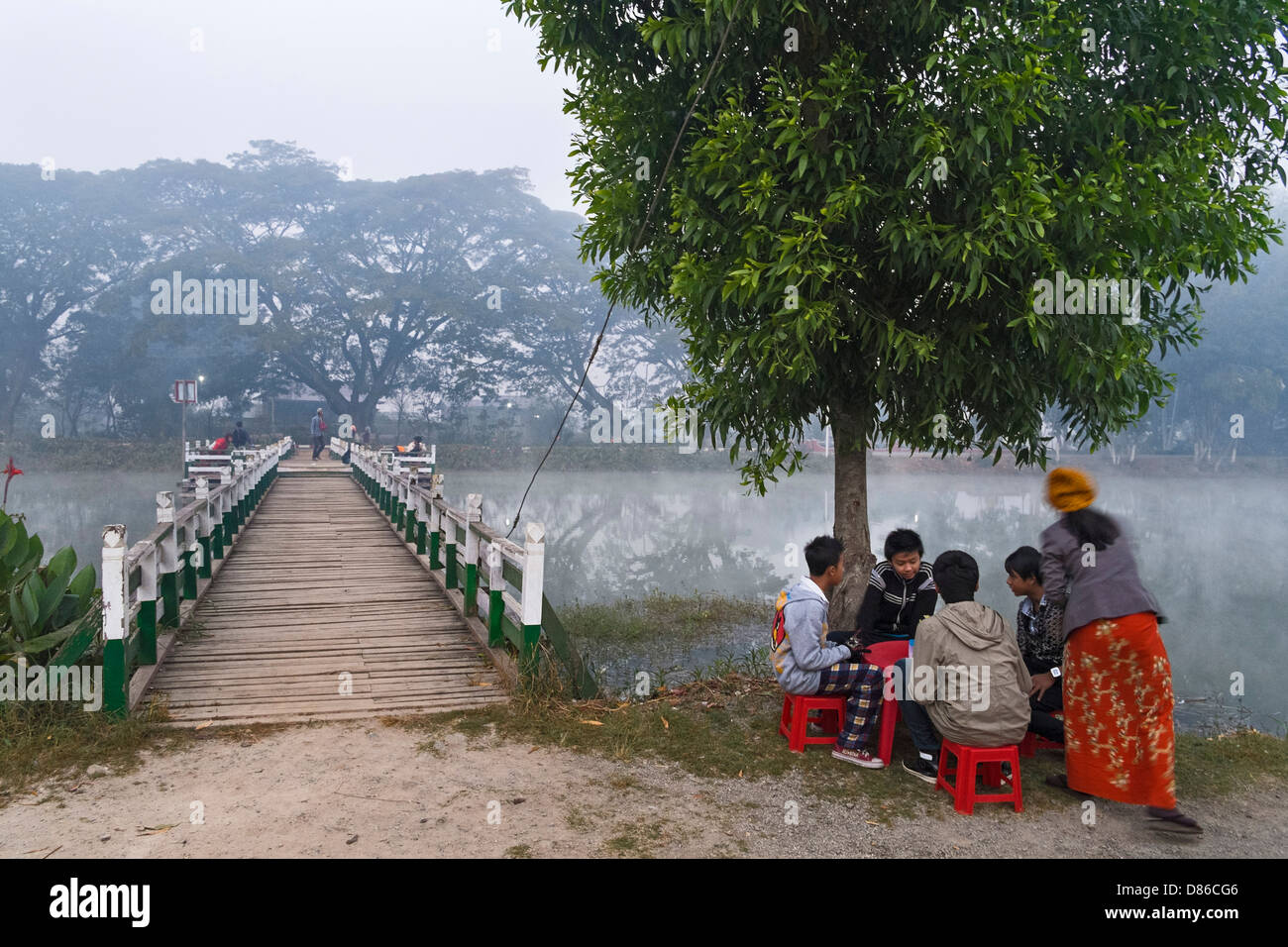 At the bridge across the Thazi pond, Nyaung Shwe, Myanmar, Asia Stock Photo