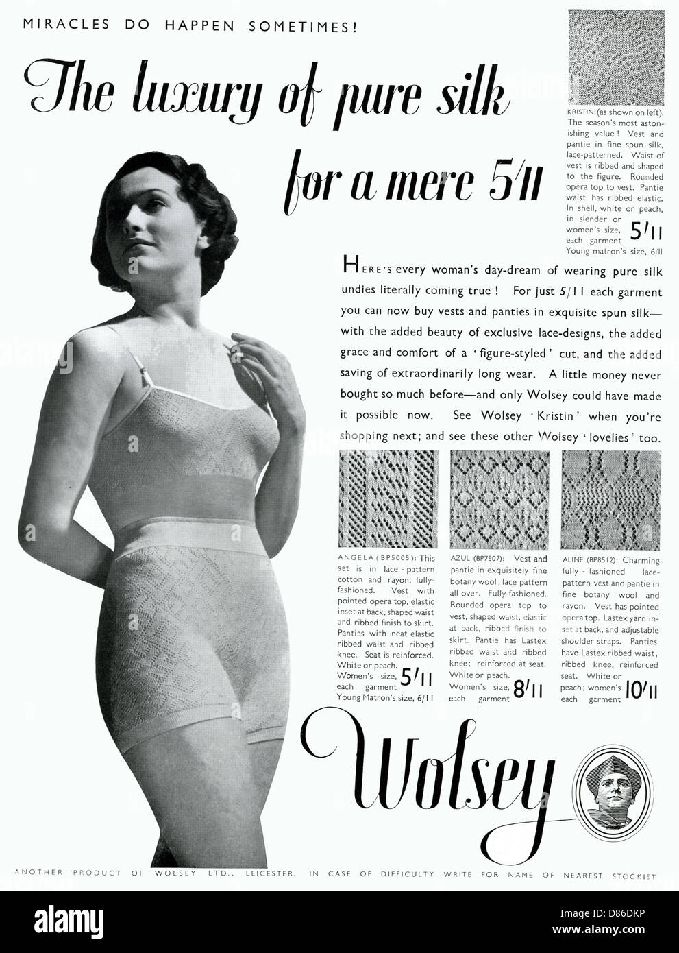 Advert for Wolsey luxury pure silk women's underwear 1936 Stock