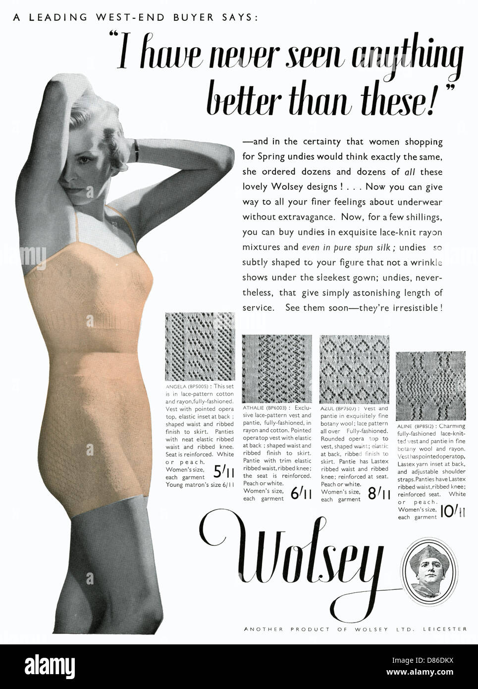 Advert for Wolsey women's underwear 1936 Stock Photo - Alamy