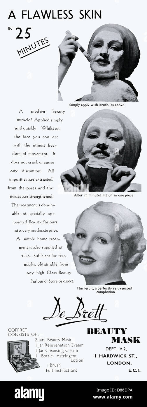 Advert For De Bret Beauty Masks 1934 Stock Photo