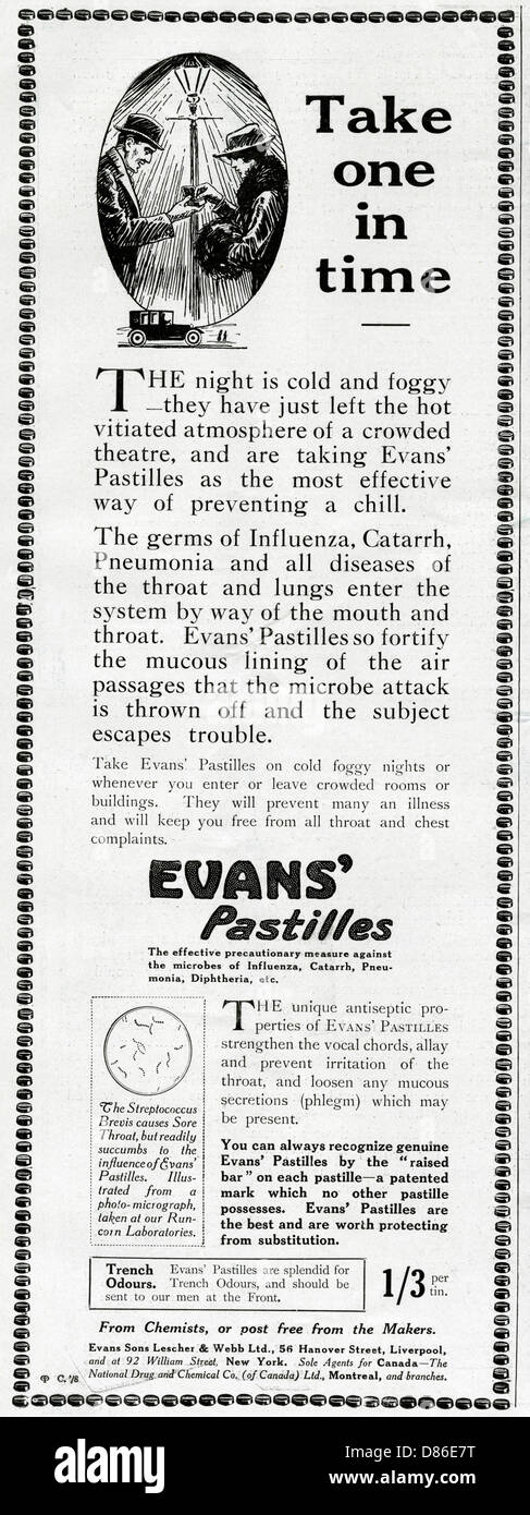 Advert for Evans' Pastilles against influenza infection 1918 Stock Photo
