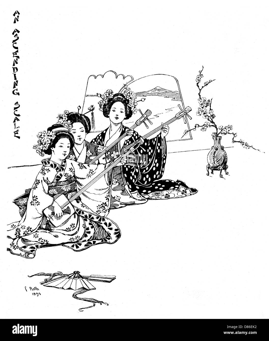 Three girls playing shamisens, a Japanese musical instrument Stock Photo