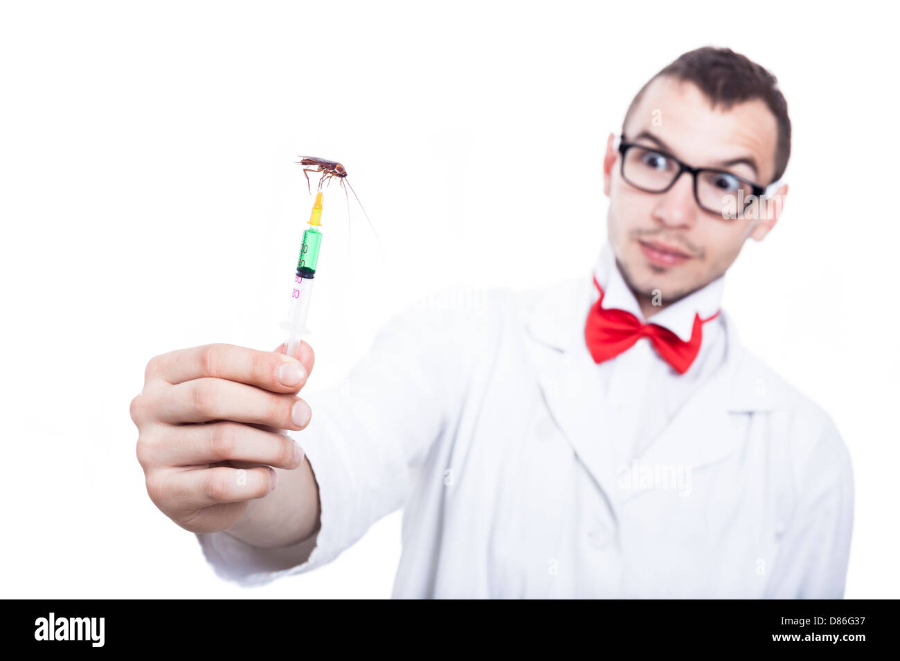 Funny scientist holding syringe with cockroach, isolated on white background Stock Photo