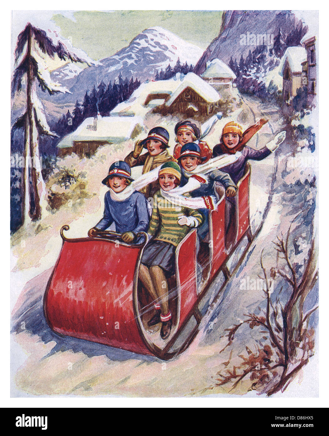 1930's illustration of private schoolgirls in snow sledge enjoying a foreign school trip in St Moritz Stock Photo