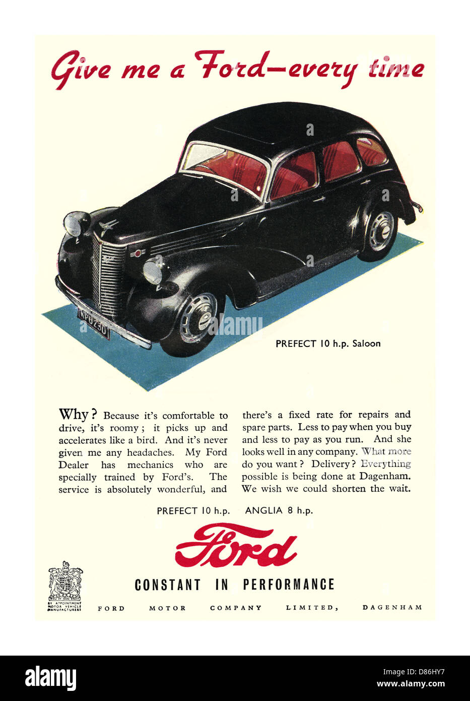 FORD PREFECT 1947 press magazine advertisement illustration for a UK built post war 1940's 1950's Ford Prefect 10hp black saloon motorcar Stock Photo