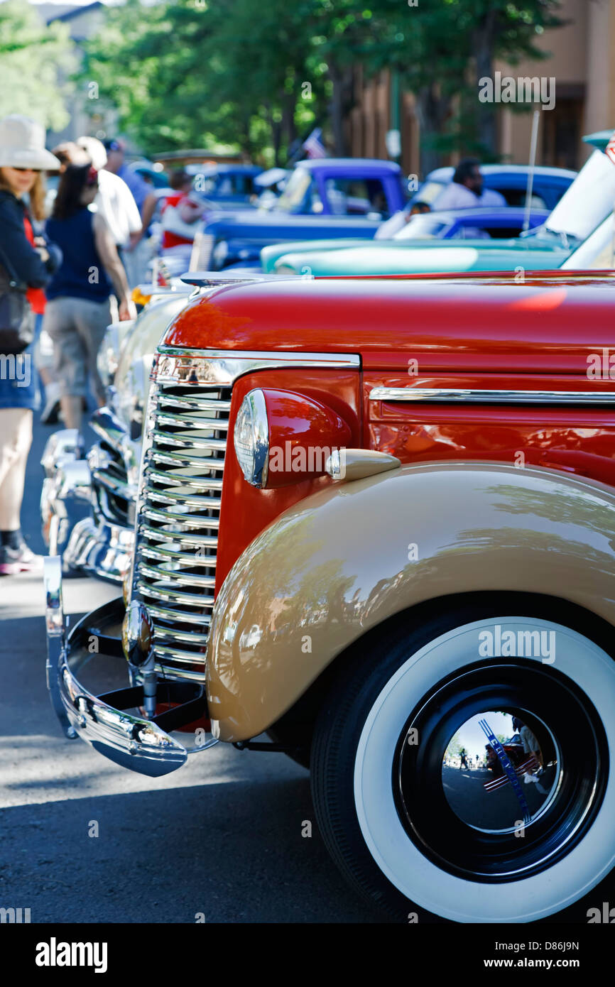 Antique cars and spectators, Pancakes on the Plaza 4th of July Celebration, Santa Fe, New Mexico USA Stock Photo