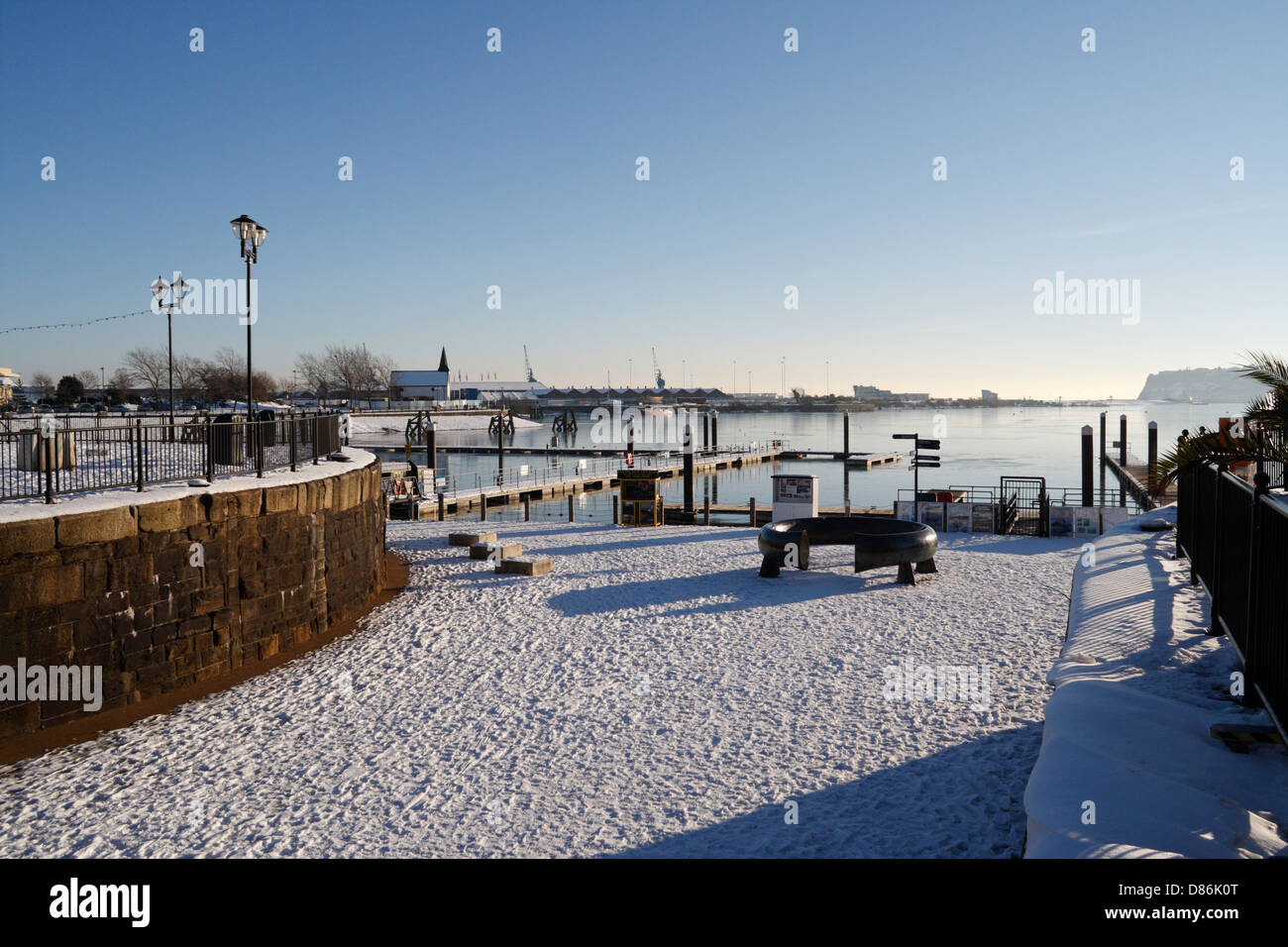 A view of Mermaid Quay Cardiff Bay Wales UK, in Winter with Snow,  Clear Blue Sky natural light Stock Photo
