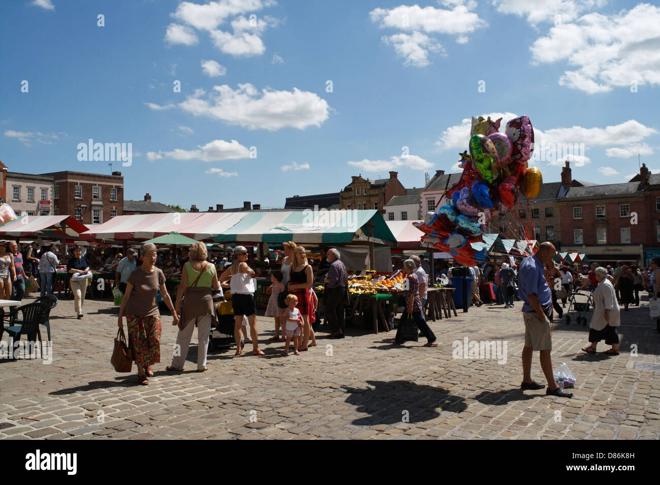 Chesterfield outdoor market square on a summers day. Derbyshire England