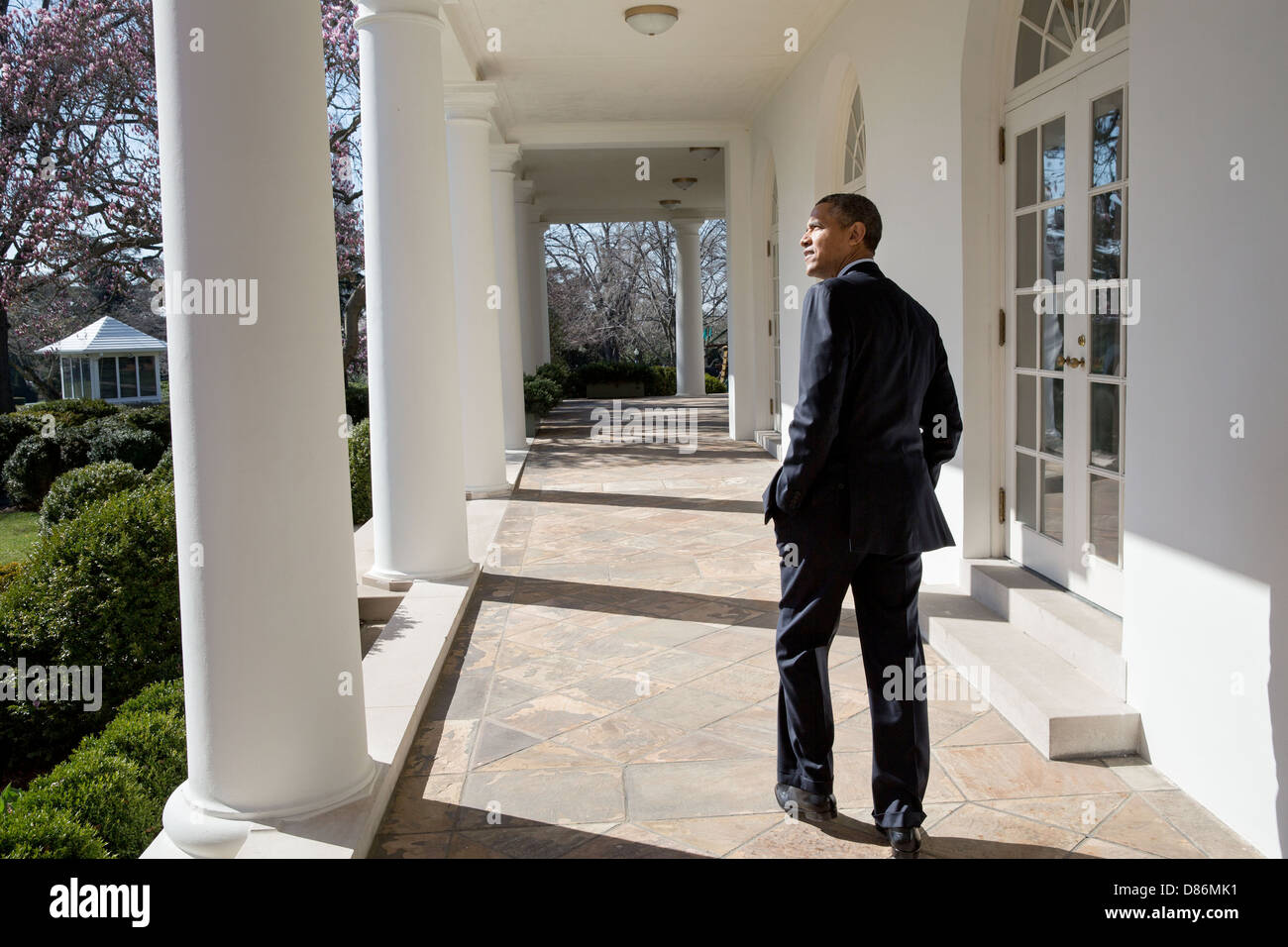 US President Barack Obama looks out over the Rose Garden as he walks along the Colonnade of the White House April 2, 2013 in Washington, DC. Stock Photo