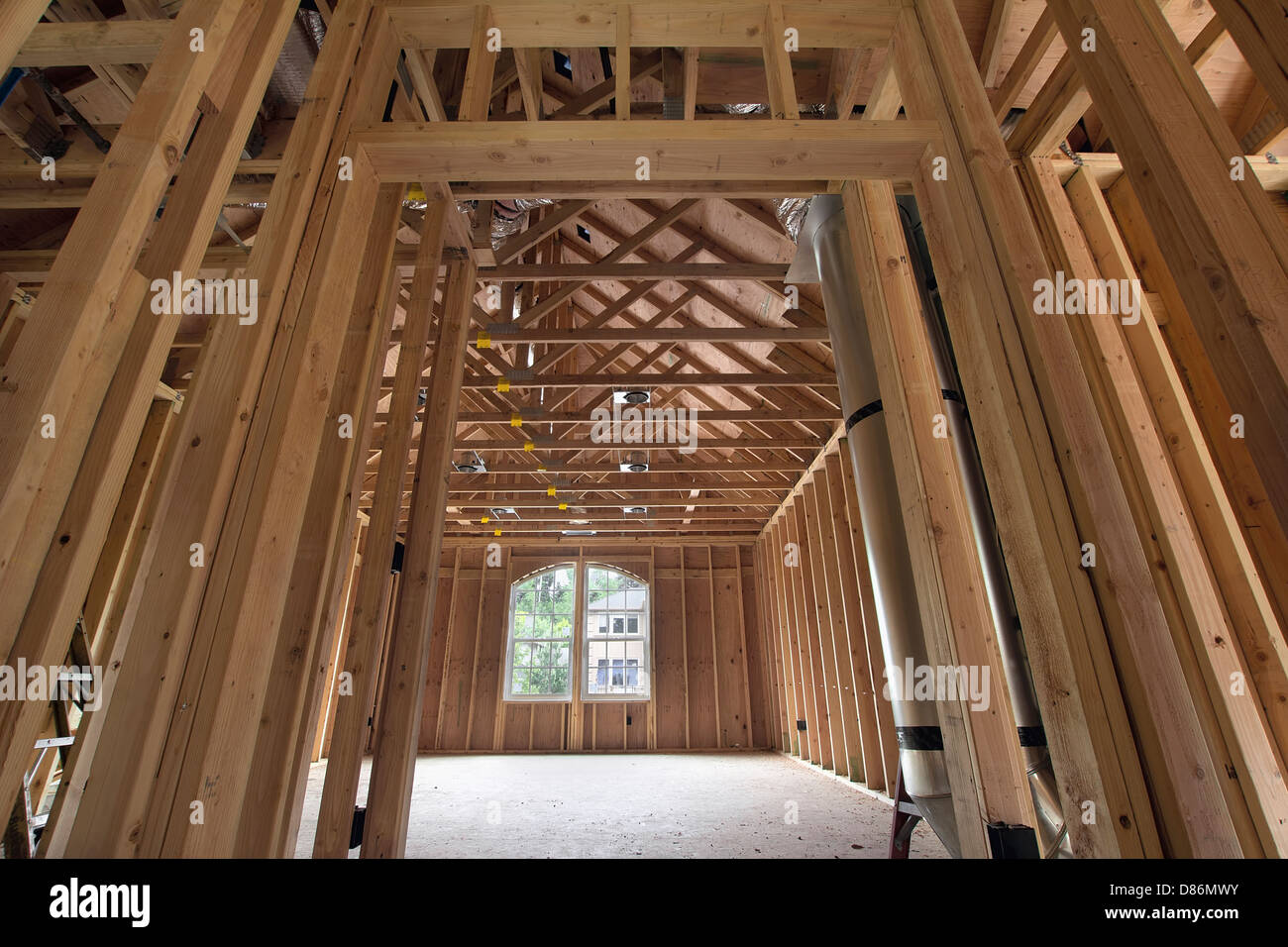 Bonus Room Wood Studs Framing in Upstairs of New Home Construction Stock Photo