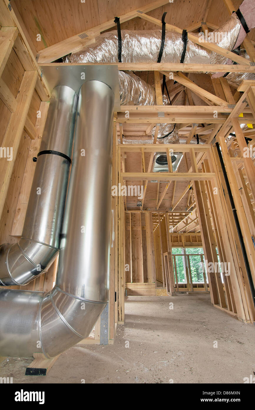 Duct Work for Heating and Cooling System in New Construction Home Stock Photo