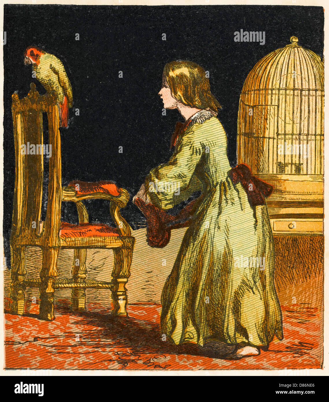 GIRL LETS BIRD OUT 1867 Stock Photo
