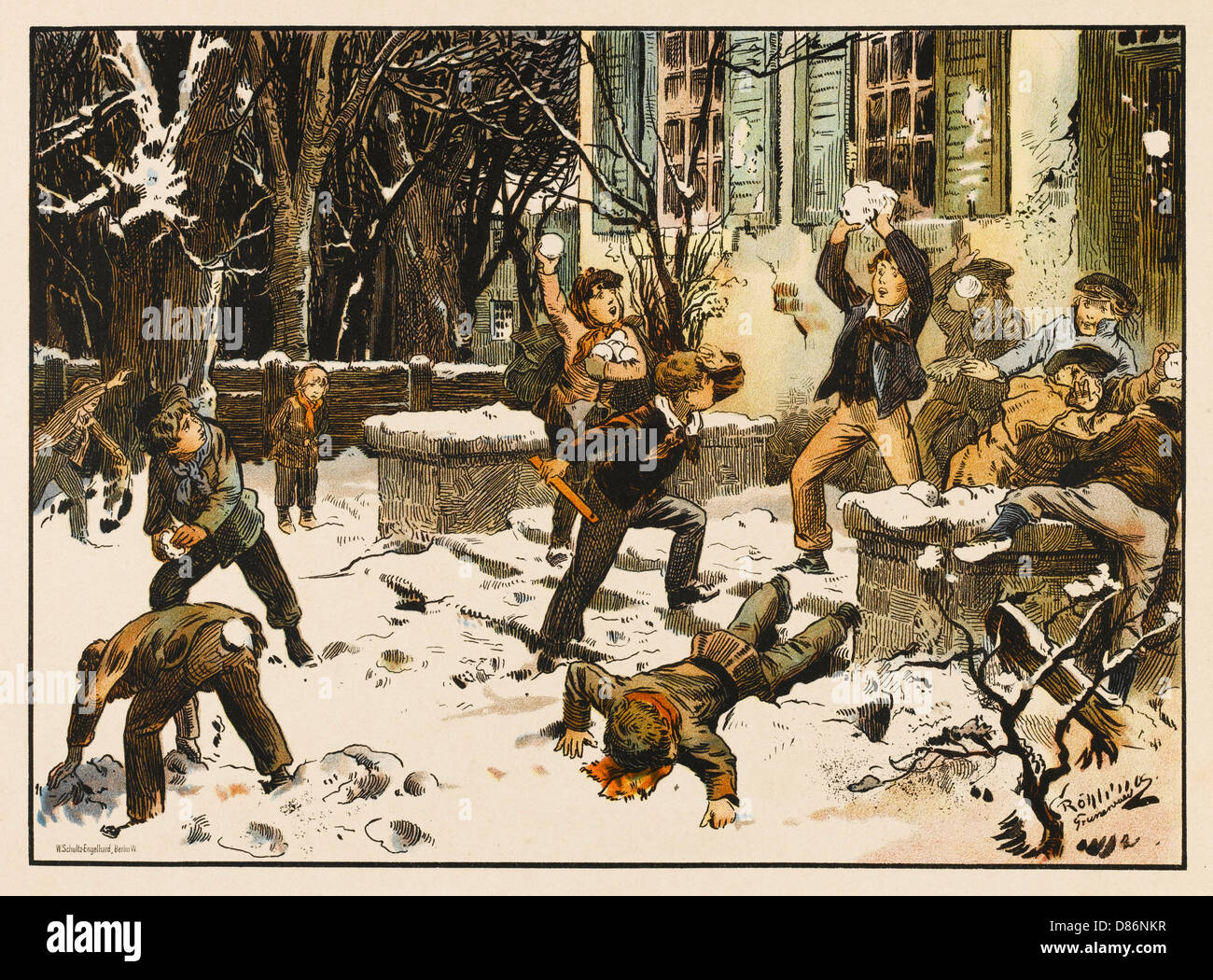Boys enjoying a snowball fight, 1825. Stock Photo