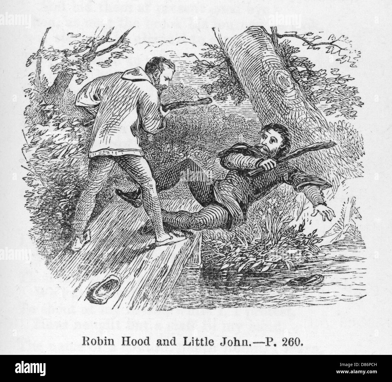Robin Hood and Little John fighting by a stream Stock Photo