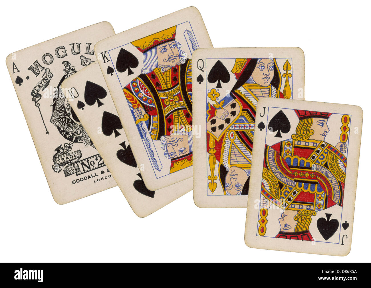 King, Queen and Jack playing cards (coloured wood engraving)