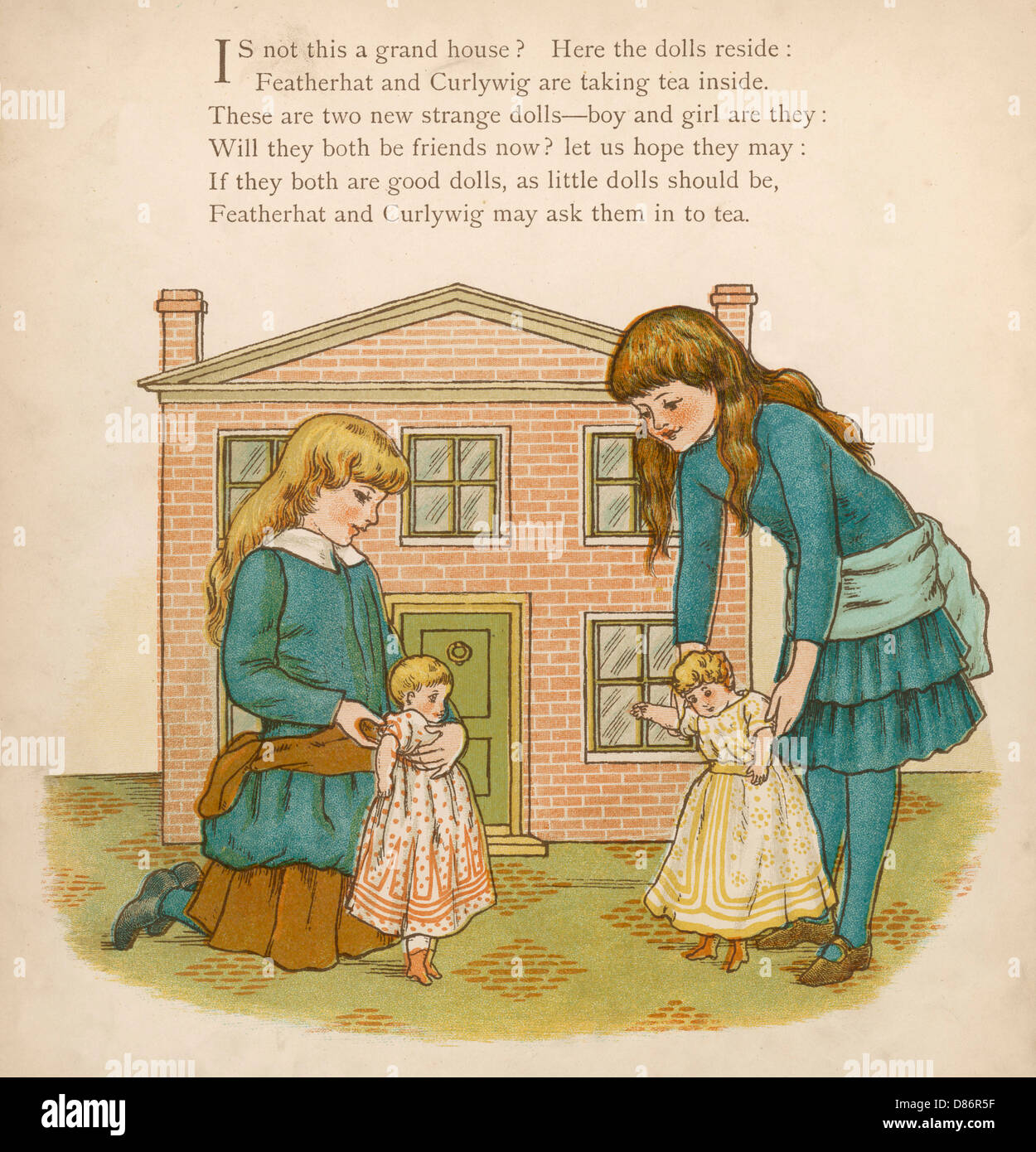 Two girls with dolls' house Stock Photo