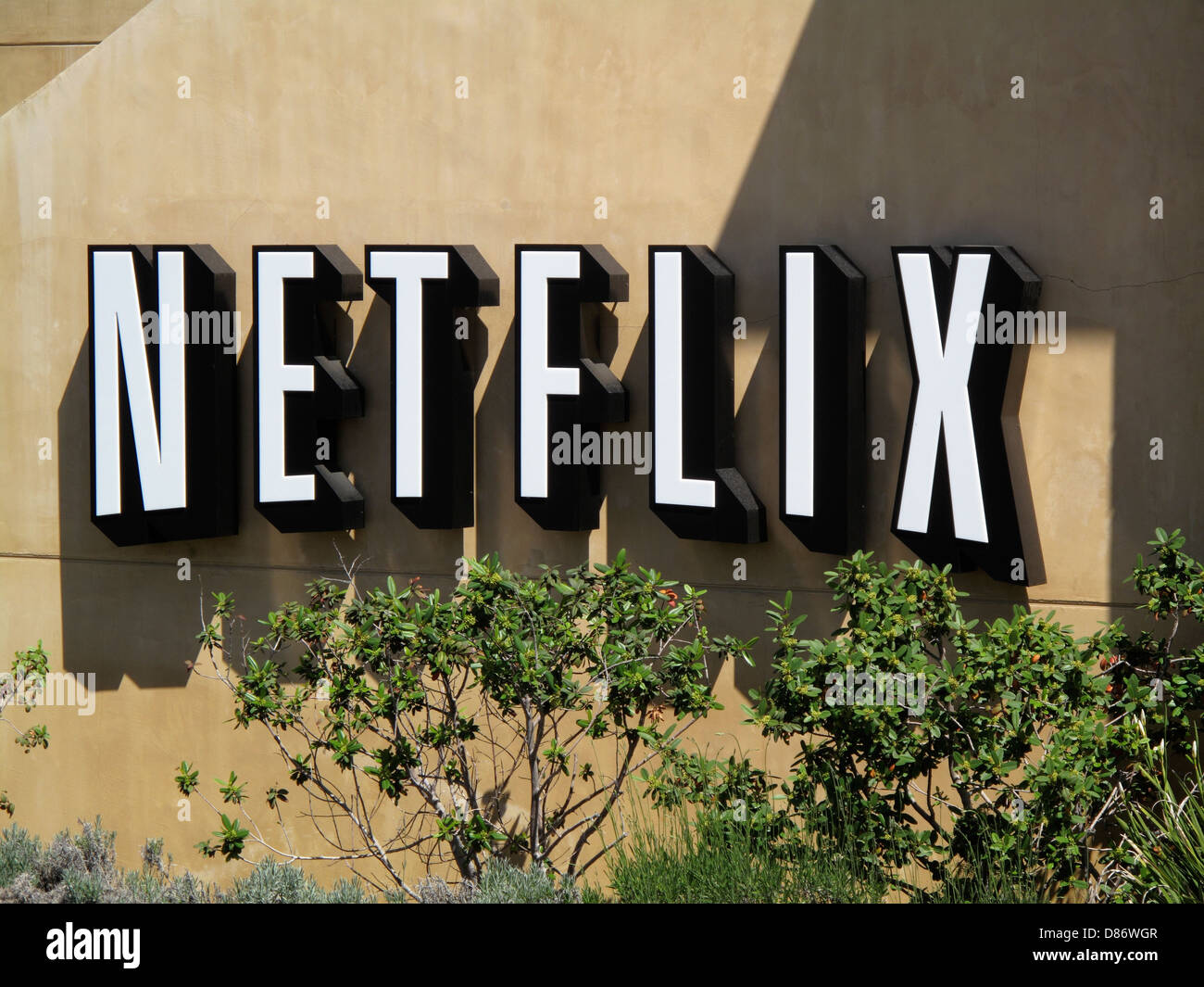 Netflix sign in front of Netflix corporate headquarters at 100 Winchester Circle in Los Gatos, California. Stock Photo