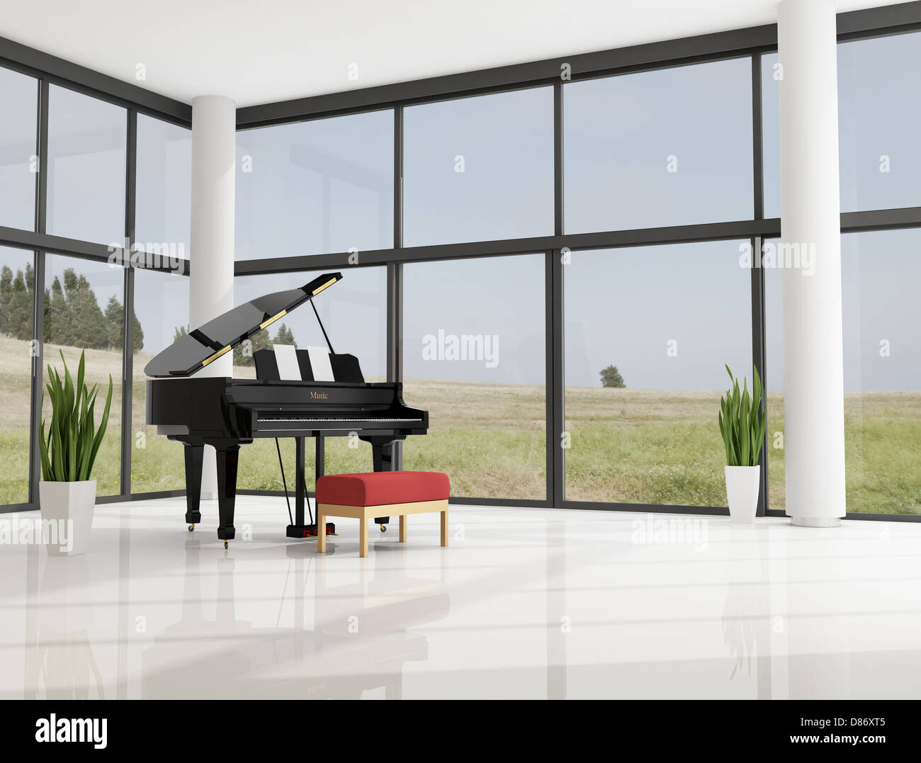 grand piano in a modern minimalist living room - rendering Stock Photo ...