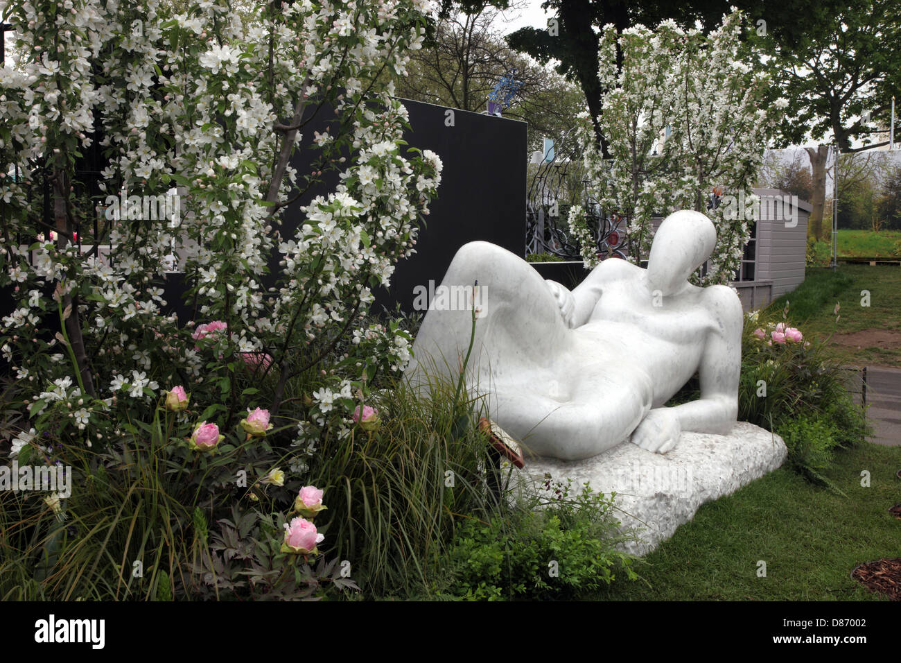 Reclining Woman, carrera marble statue by W. H. Paterson, RHS Chelsea Flower Show 2013 Stock Photo
