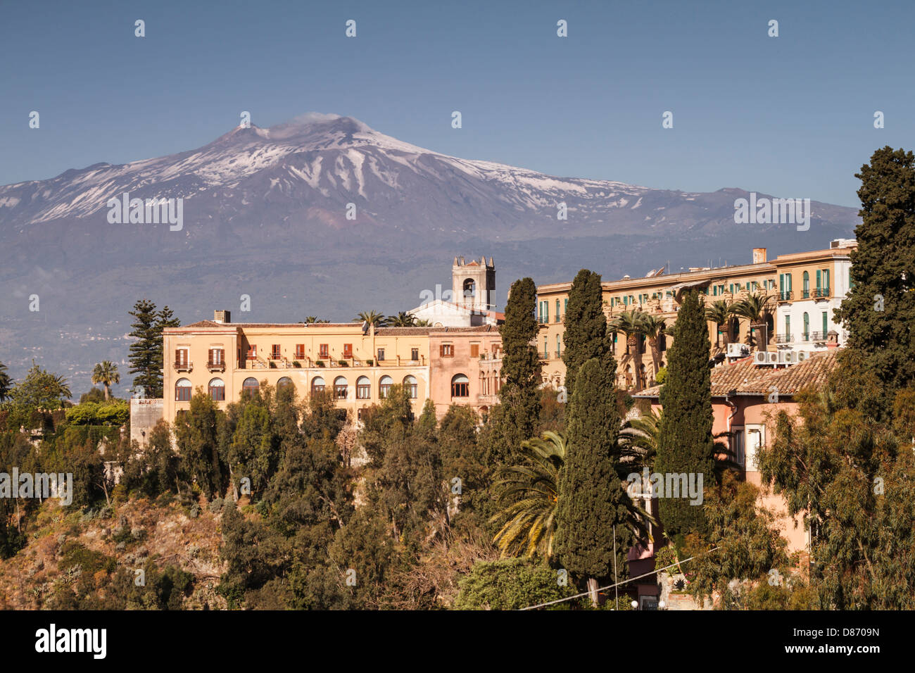 The town of Taormina with Mount Etna volcano, Sicily. Stock Photo