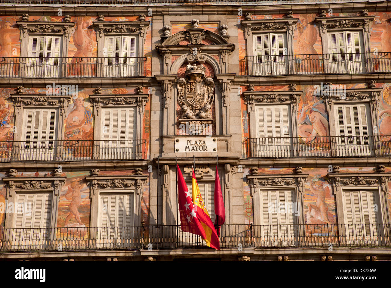 colourful facades and balconies on the central square Plaza Mayor, Madrid, Spain, Europe Stock Photo