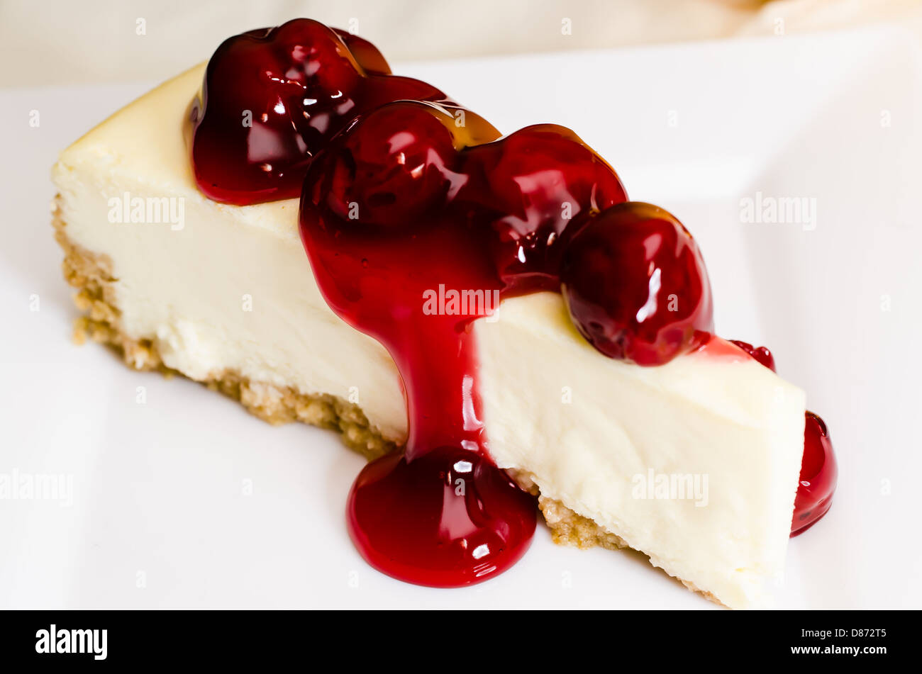 Slice of cherry cheesecake on white plate. Stock Photo