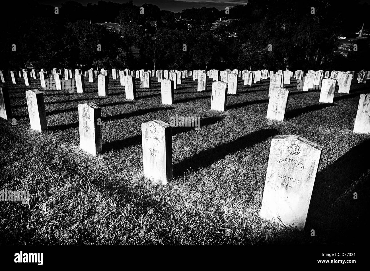 This is a black and white image of unknown Confederate soldier graves at Oakwood Cemetery in Montgomery, Alabama. Stock Photo