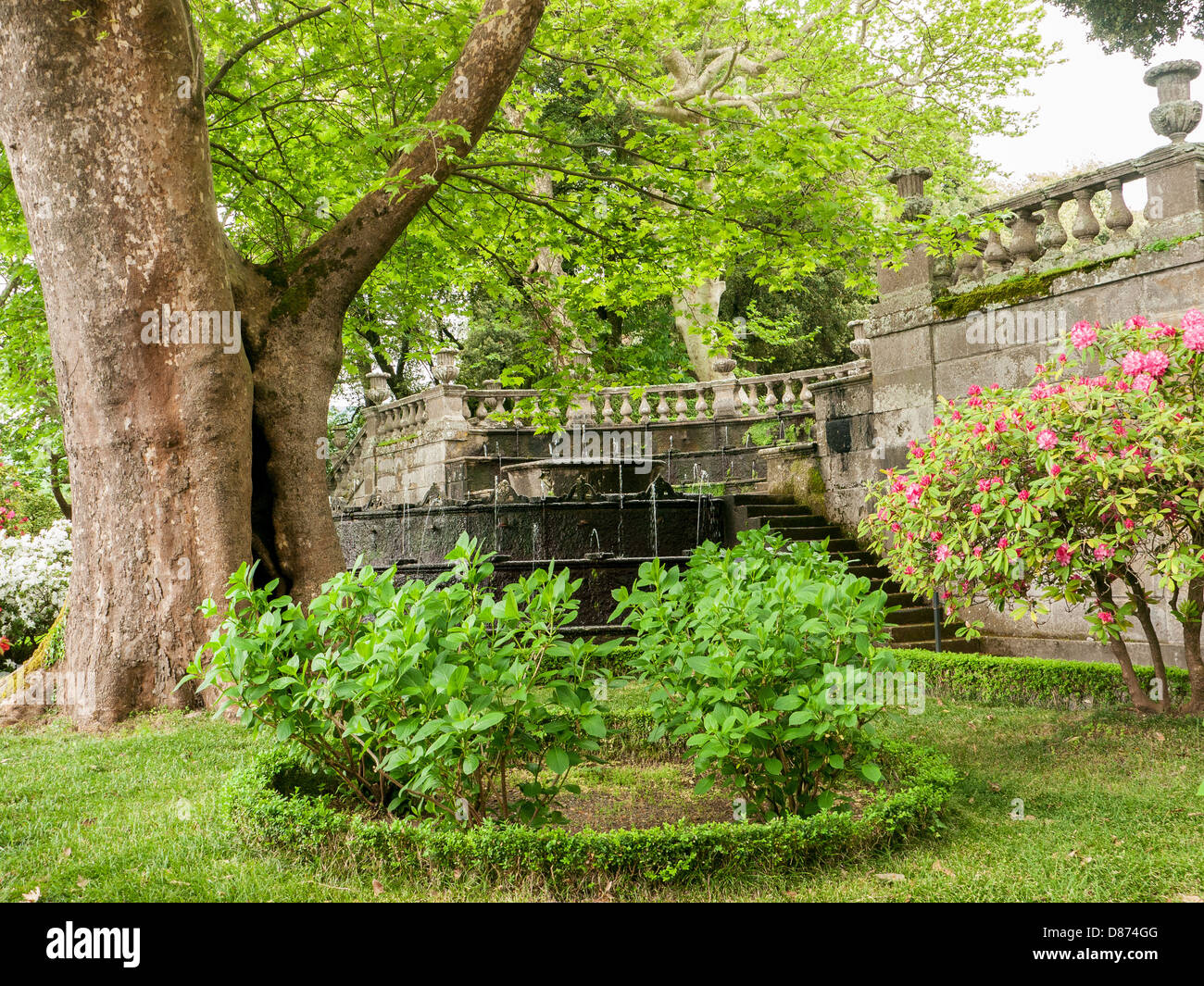 Balastrades and shrubs in the enchanting gardens of Villa Lante in Bagnaia, Umbria, Italy Stock Photo