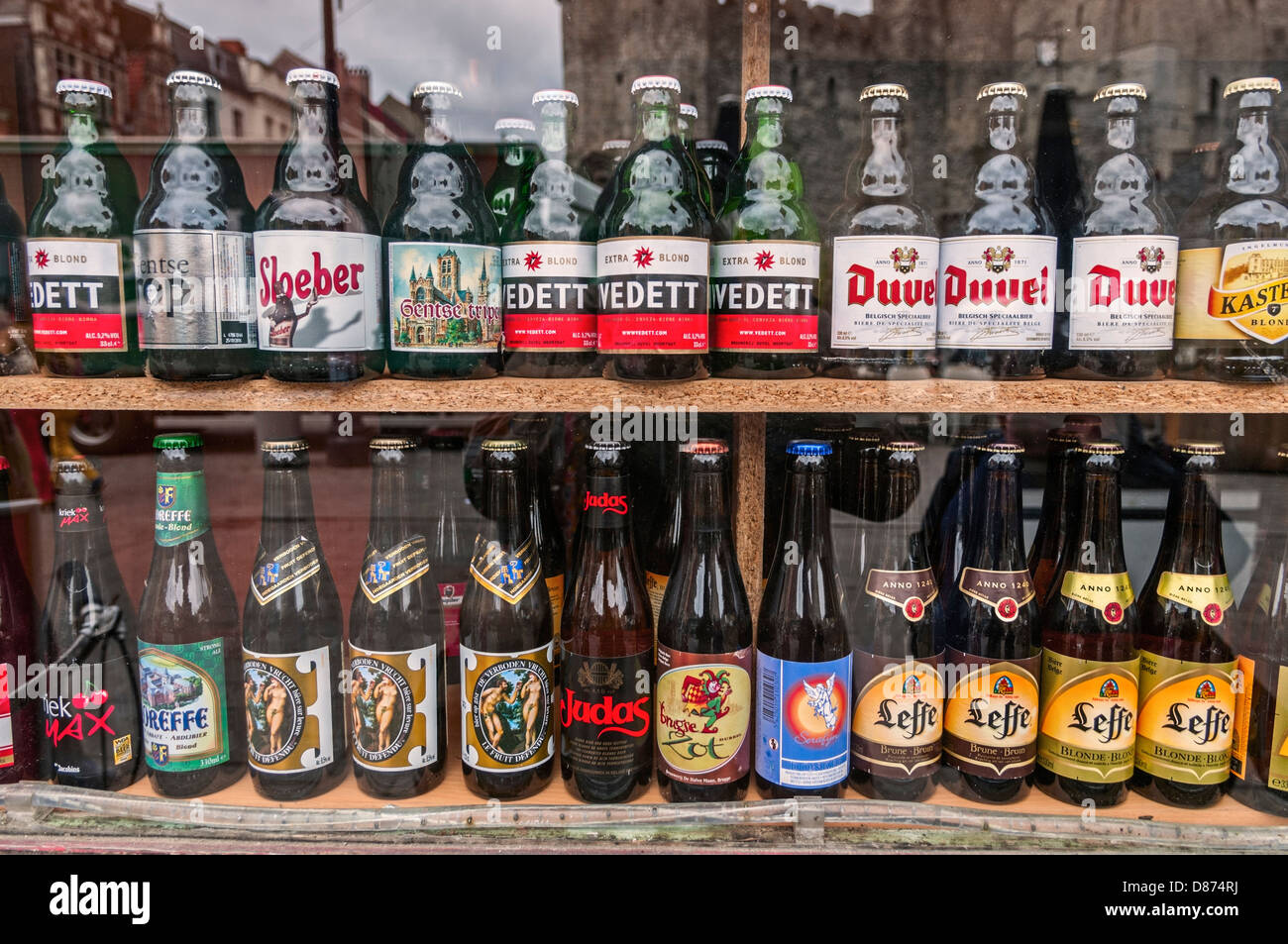 Belgian beers in shop window Ghent Belgium Stock Photo