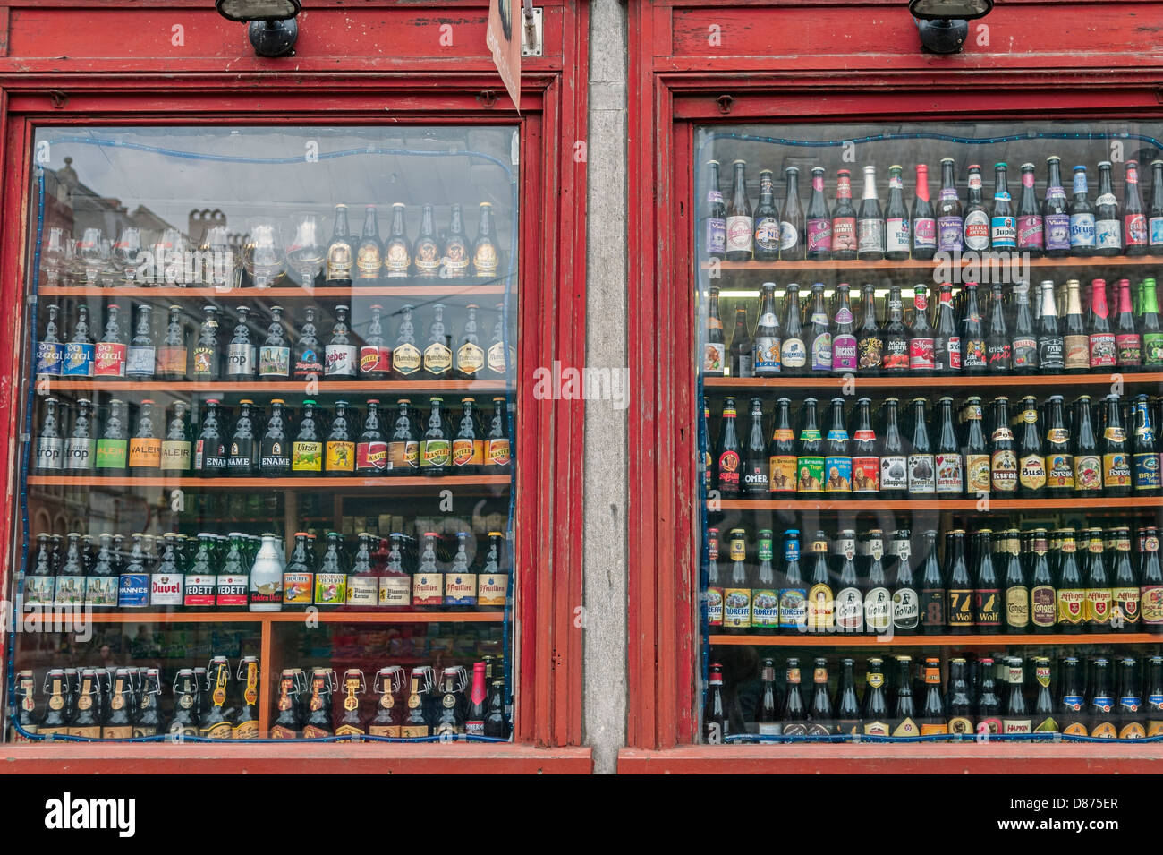 Belgian beers in shop window Ghent Belgium Stock Photo