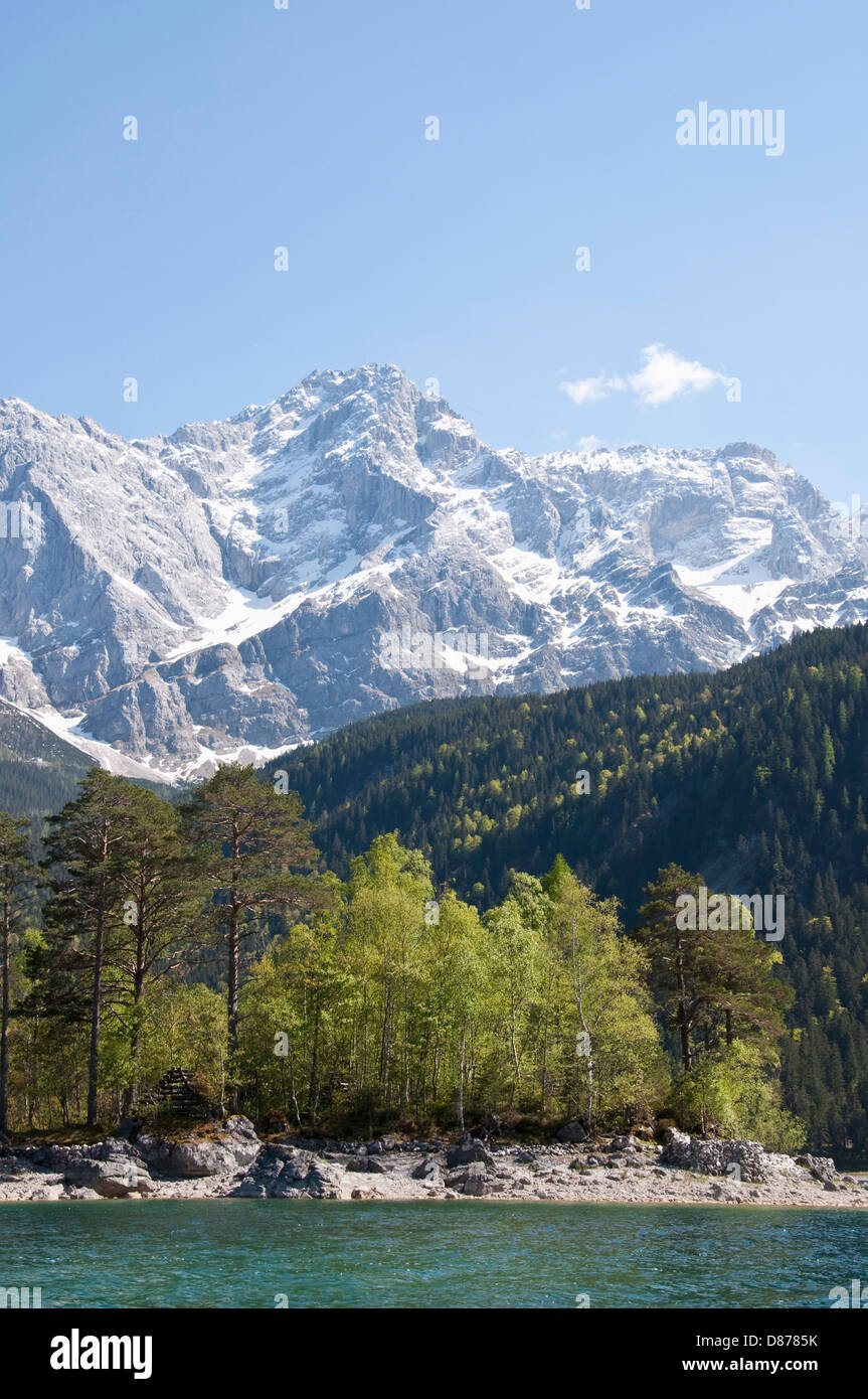 Germany, Bavaria, View of Lake Eibsee with Zugspitze mountain in ...