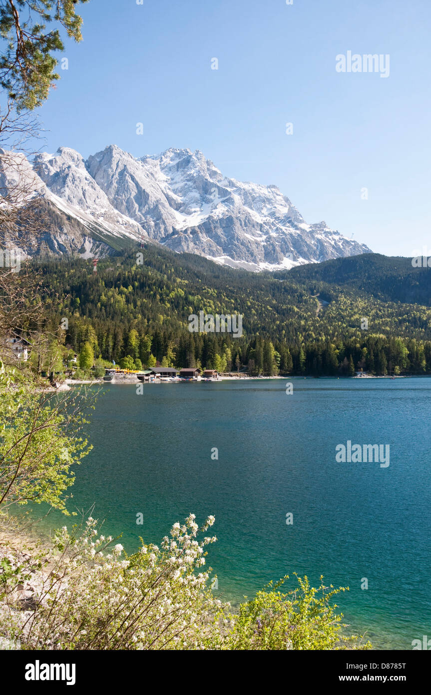 Germany, Bavaria, View of Lake Eibsee with Zugspitze mountain in ...