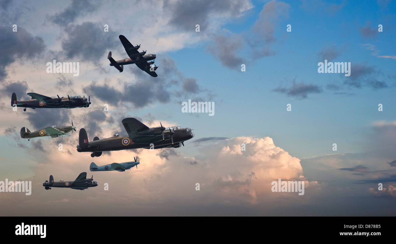 Flight formation of Battle of Britain World War Two consisting of Lancaster bomber, Spitfire and hurricane airplanes Stock Photo