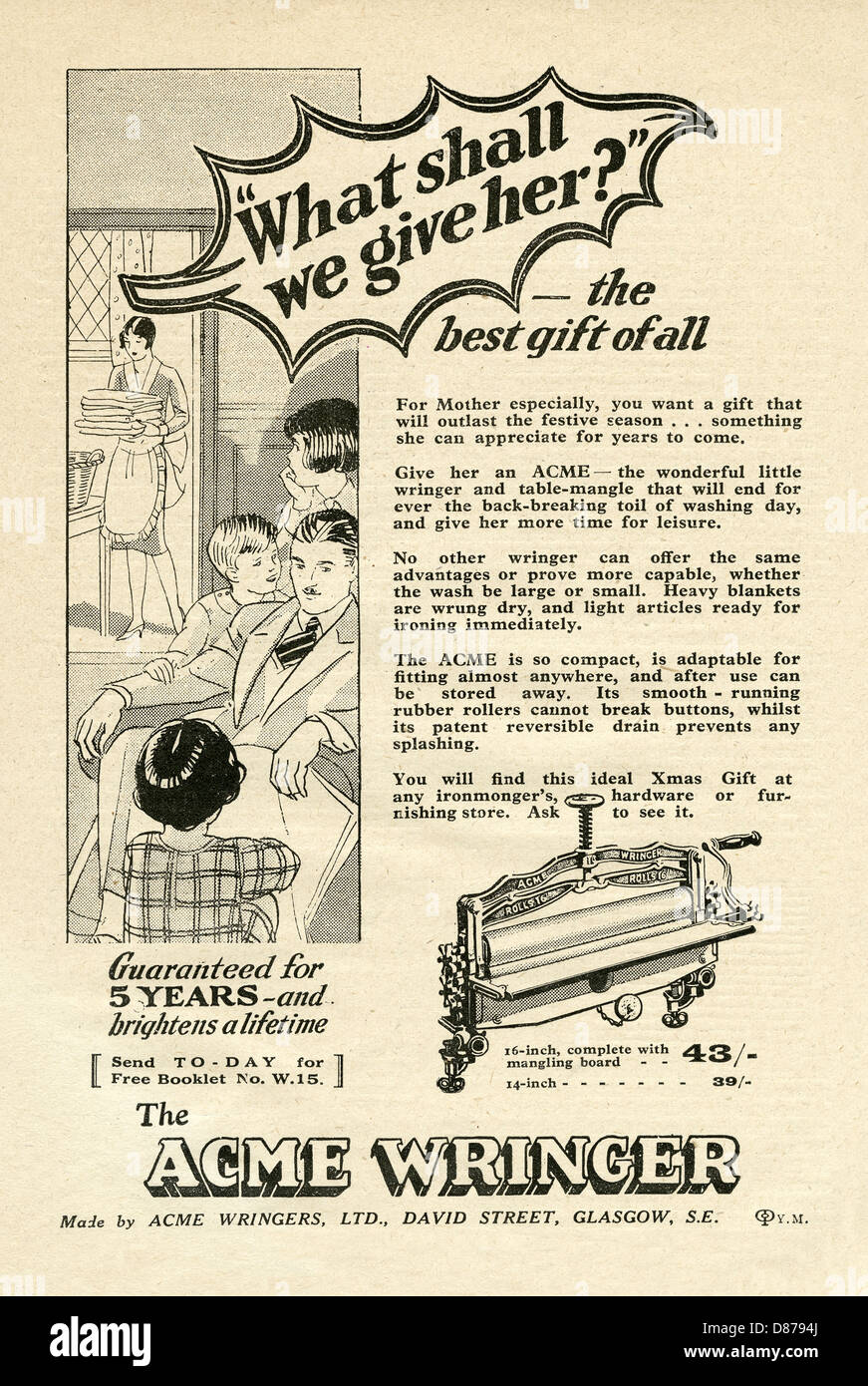 1928 advert for the Acme clothes wringer - a washing aid in the days before spin drying Stock Photo