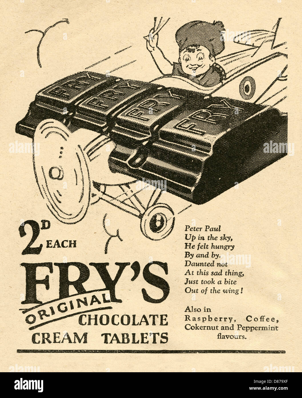 1928 advert for the Fry's chocolate cream tablets - the confectionery illustrated with an aeroplane Stock Photo