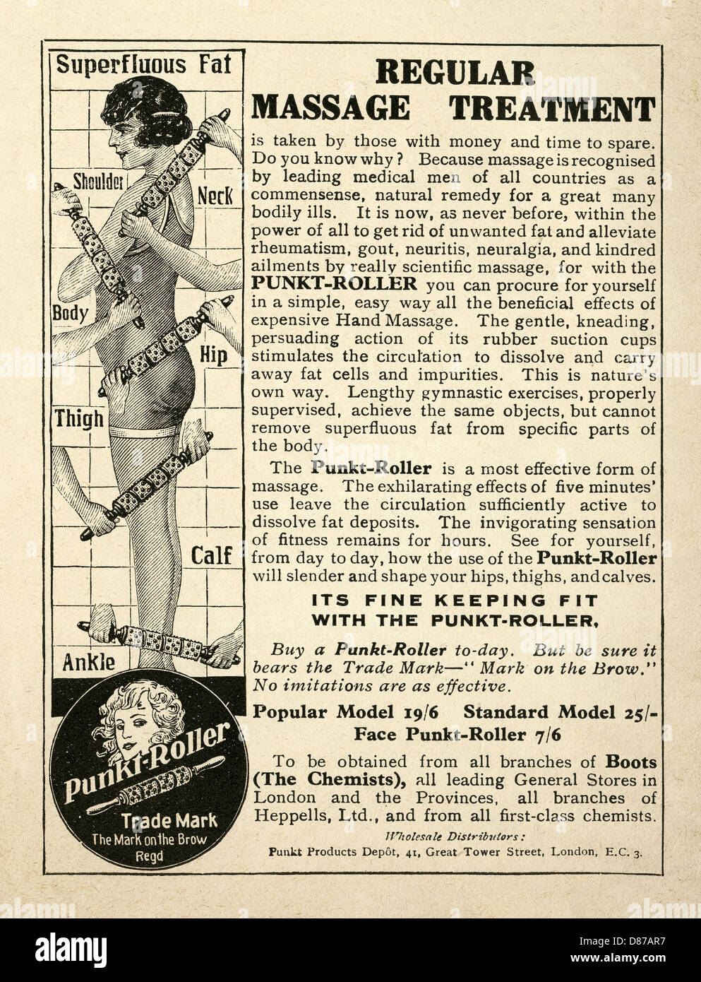 1928 advert for the strangely-named Punkt Roller - a rubber massage roller shaped like a rolling pin. It claims to aid slimming Stock Photo