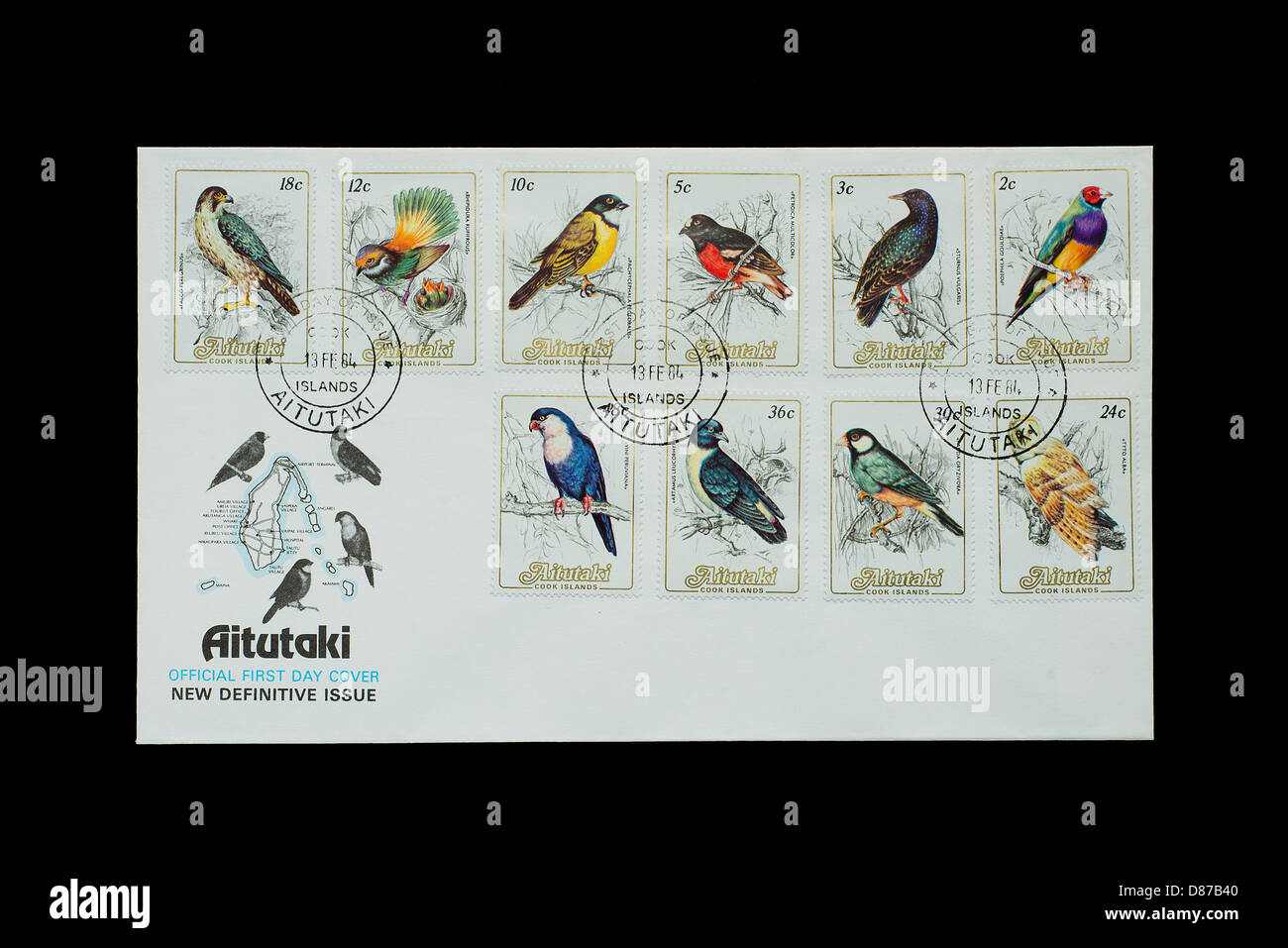 The official first day cover of stamps of Aitutaki Islands Stock Photo