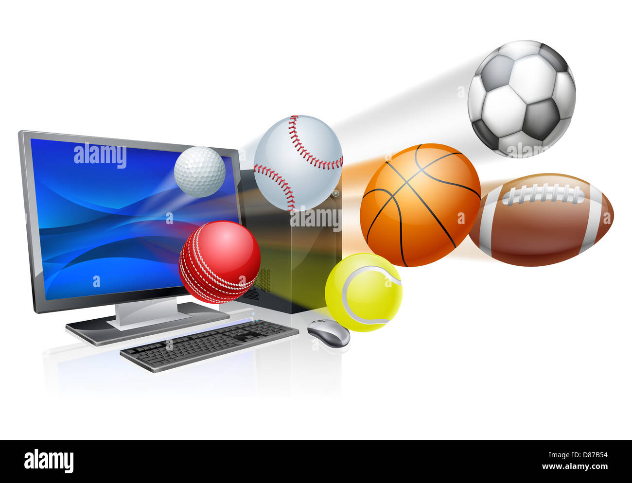 Sports computer app concept, an illustration of a pc computer with sports balls flying out of