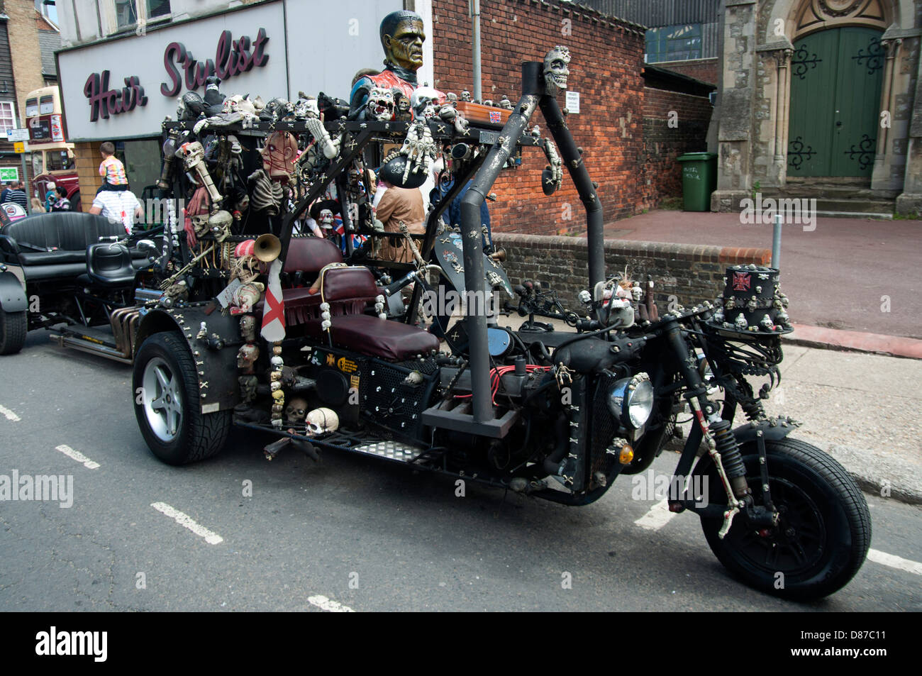 Transport motor show at faversham in Kent classic cars and buses on show over the weekend Trike with skulls home made motorcycle Stock Photo