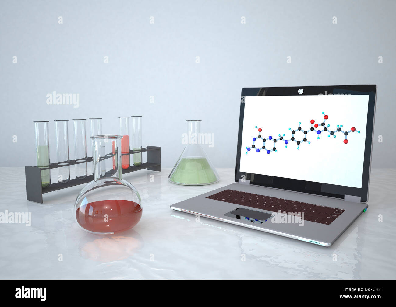 3d illustration of laptop with laboratory equipment Stock Photo