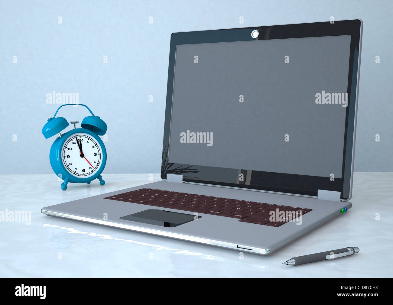 3d illustration of laptop with alarm clock Stock Photo Alamy