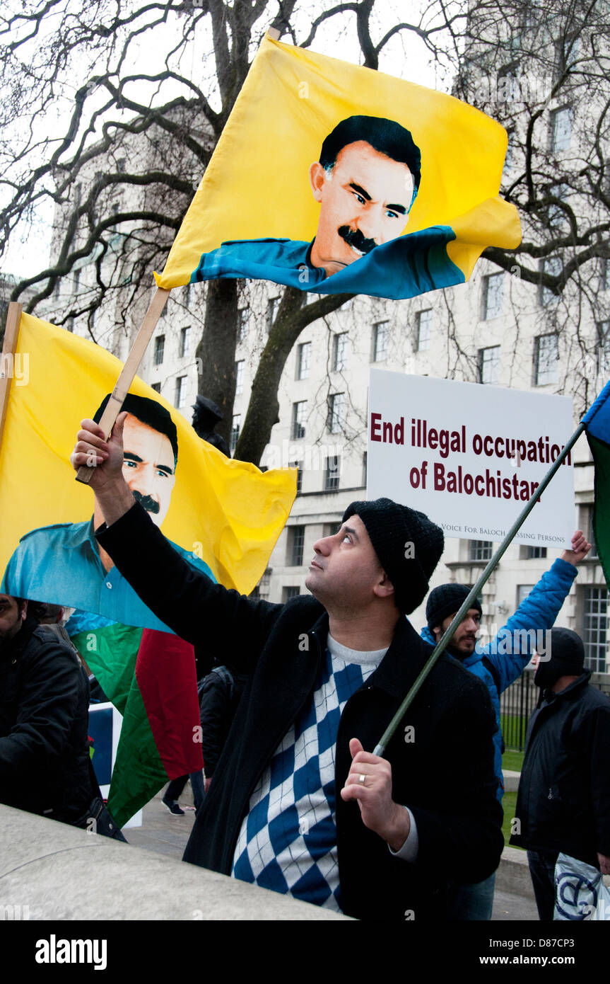 Balochistan Protest outside Downing Street protesting genocide by occupation of Pakistan. Stock Photo