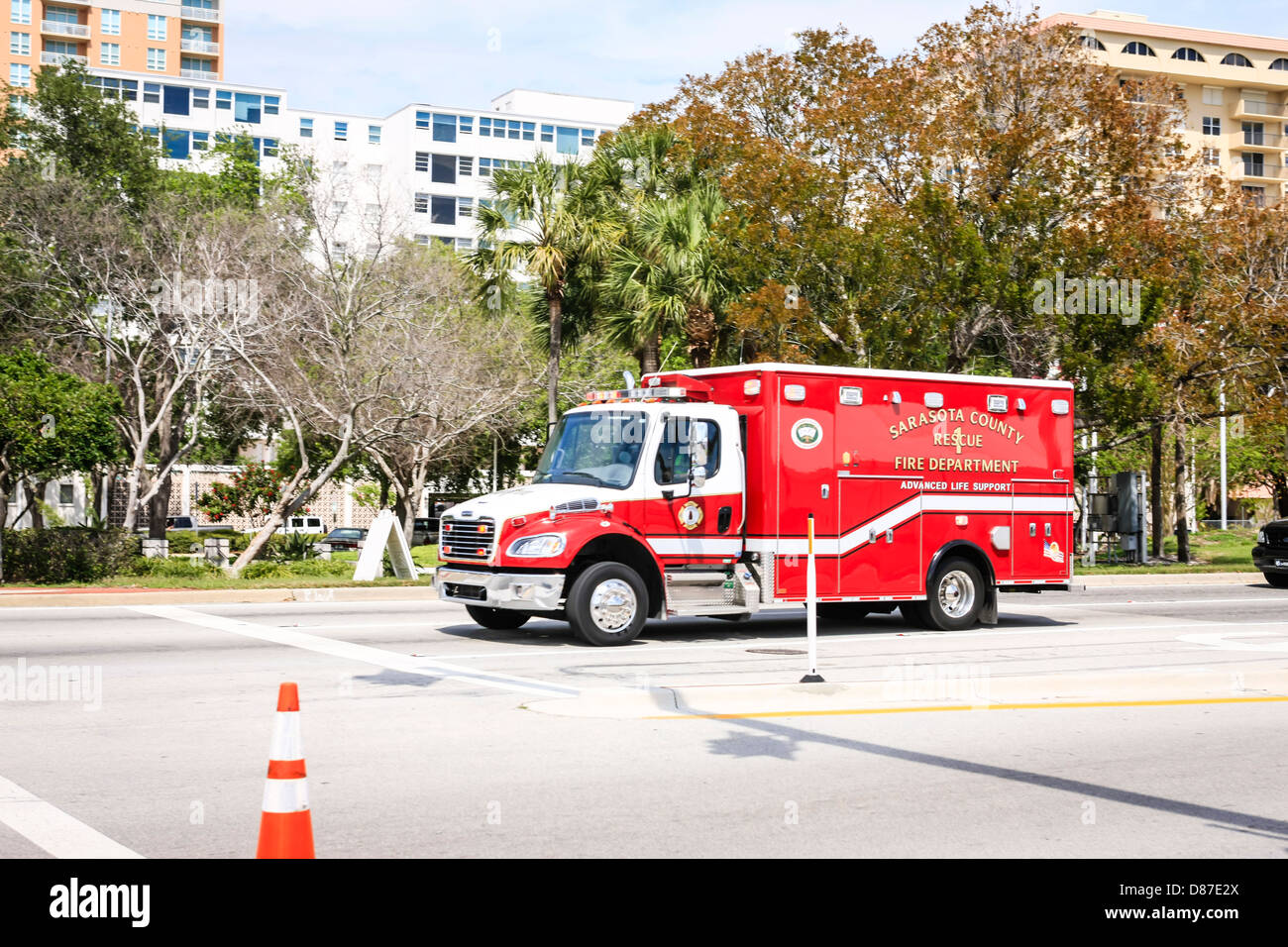 Sarasota Fire Department Ambulance rushes to an accident Stock Photo