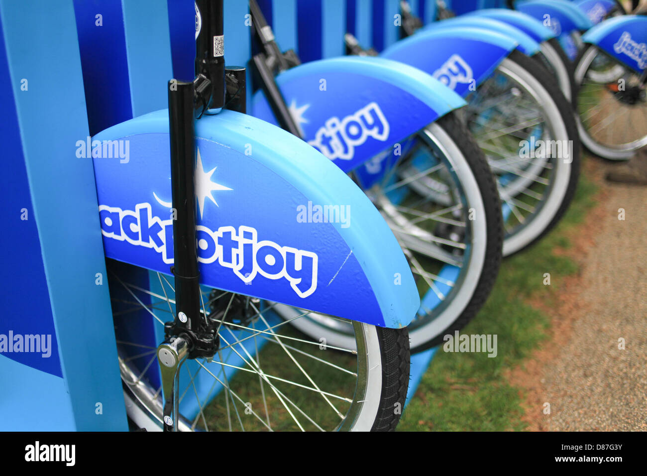 London, UK. 21st May 2013. Unicycles from the Jackpotjoy FUNdation line up in the Russel Square, London docking station. The scheme is based on the now famous Boris Bikes.. Credit:  Graeme George / Alamy Live News Stock Photo