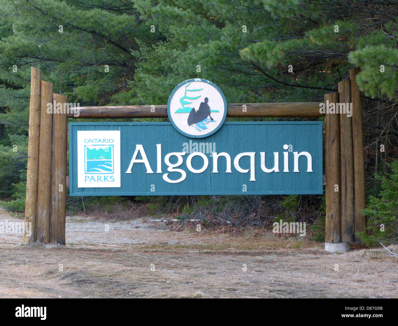 Algonquin Provincial Park Sign Near The East Gate Entrance At Whitney, Ontario Canada Stock Photo