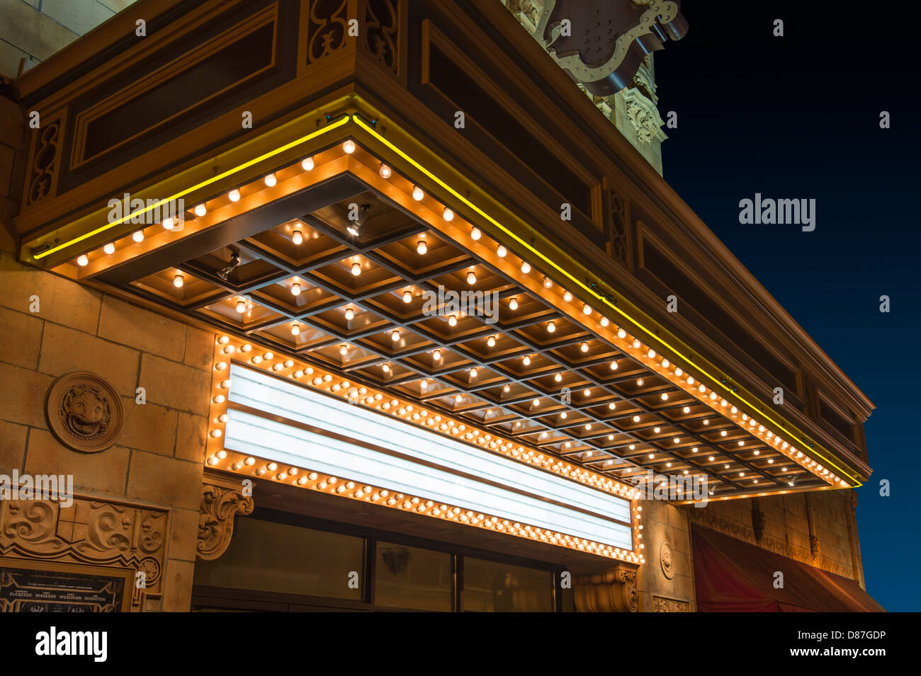 Blank Marquee On Old Movie Theater At Night Stock Photo